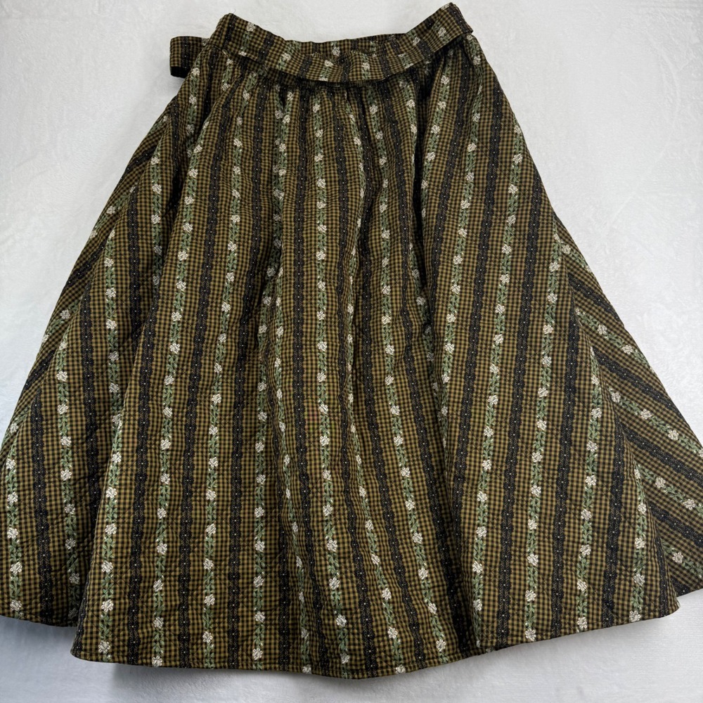 Loeffler Randall XL Skirt Quilted Gingham Floral Stripe Brown Yellow Midi Tie - Picture 13 of 14